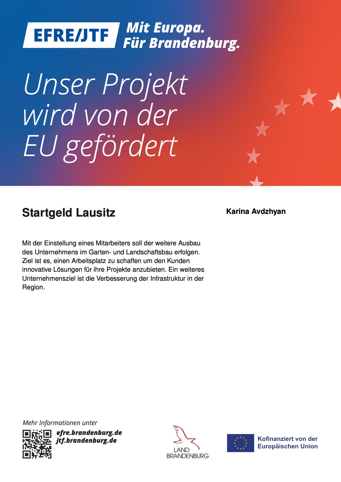 Förderplakat EFRE/JTF „Mit Europa. Für Brandenburg.“ Unser Projekt wird von der EU gefördert. Programm Startgeld Lausitz, kofinanziert von der Europäischen Union und dem Land Brandenburg.